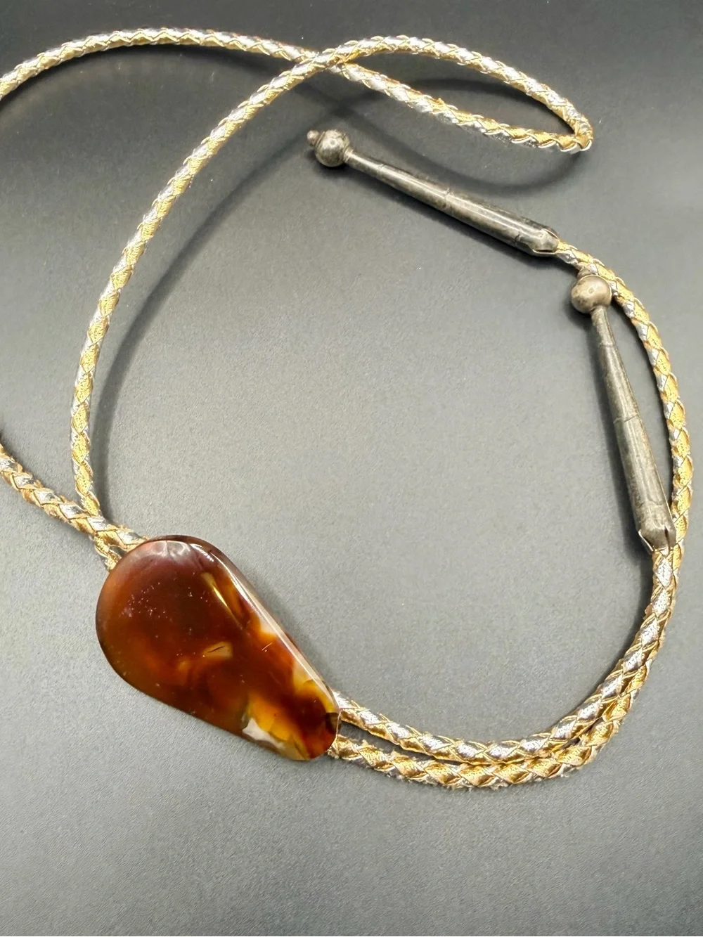 Vintage Sterling Silver Bolo Tie With Stone Gold Silver Rope Adjustable